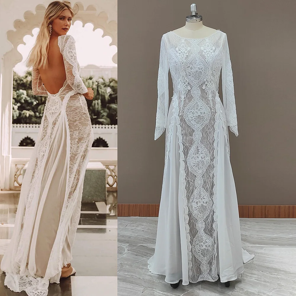 Robe de mariée en dentelle Boho Elopement Beach, manches longues, col bateau, sur mesure, drop sunshine, grande taille, perles, mousseline de soie, patients, quoi que ce soit