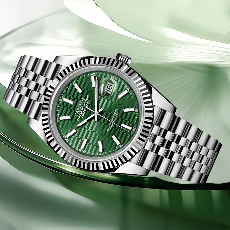 A women's silver steel strap temperament fashion striped green side date automatic mechanical watch