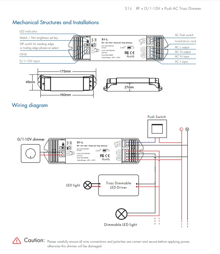 S1-L RF + 0/1-10V + Push AC Triac Dimmer AC Phase-Cut Dimmer 1CH*2A for Single Color Dimmable LED Lamps Traditional Incandescent