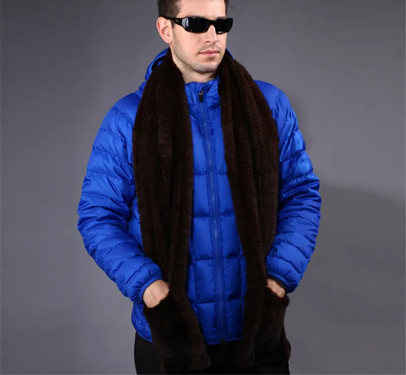 Men Genuine Mink Fur Shawl Hand Knitted Winter Real Fur Scarf Long Good Gift for Dad Soft Muffler with Pocket