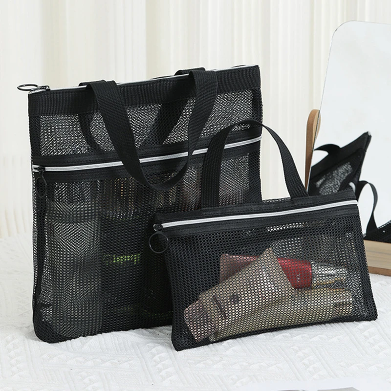 Double Zip Mesh Cosmetic Bag Portable Toiletry Beauty Storage Case Large Capacity Bath Wash Bag Solid Color Beach Bag