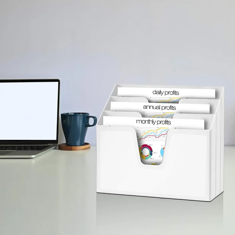 Horizontal Triple File Folder Holder Organizer in White for Office and Home Use