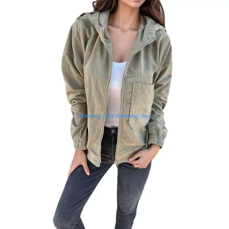 573B Women's Corduroy Drawstring Hooded Pocket Zip Up Loose Shacket Coat