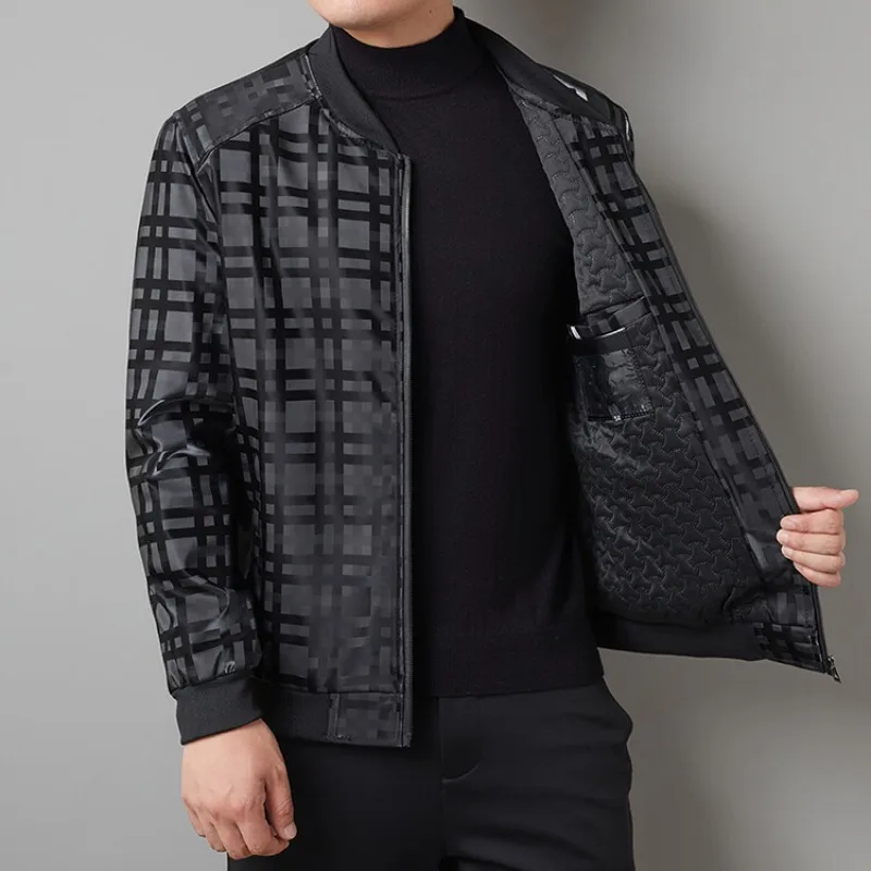 

Autumn and Winter Men's Thickened Warm Jacket Slim Fit Standing Collar Plaid Dark Business Casual Men's Top
