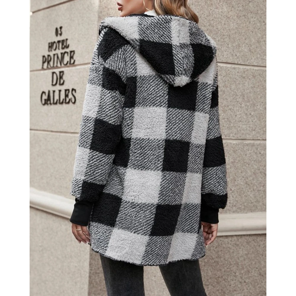 Autumn Women Plaid Print Fluffy Hooded Loose Longline Coat Shacket Femme Long Sleeve Coat Elegant Casual Outfits