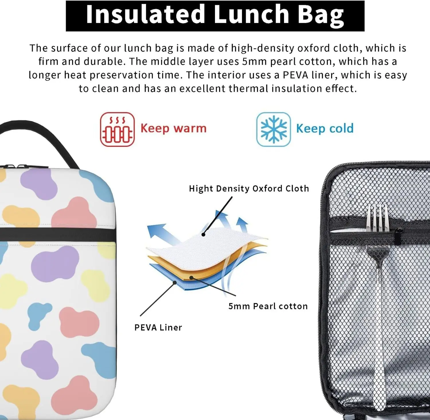 Colorful Cow Print Lunch Bag Double Insulated Leakproof Lunchbox Tote Bag Cooler Lunch Organizer for Work Picnic Travel Camping