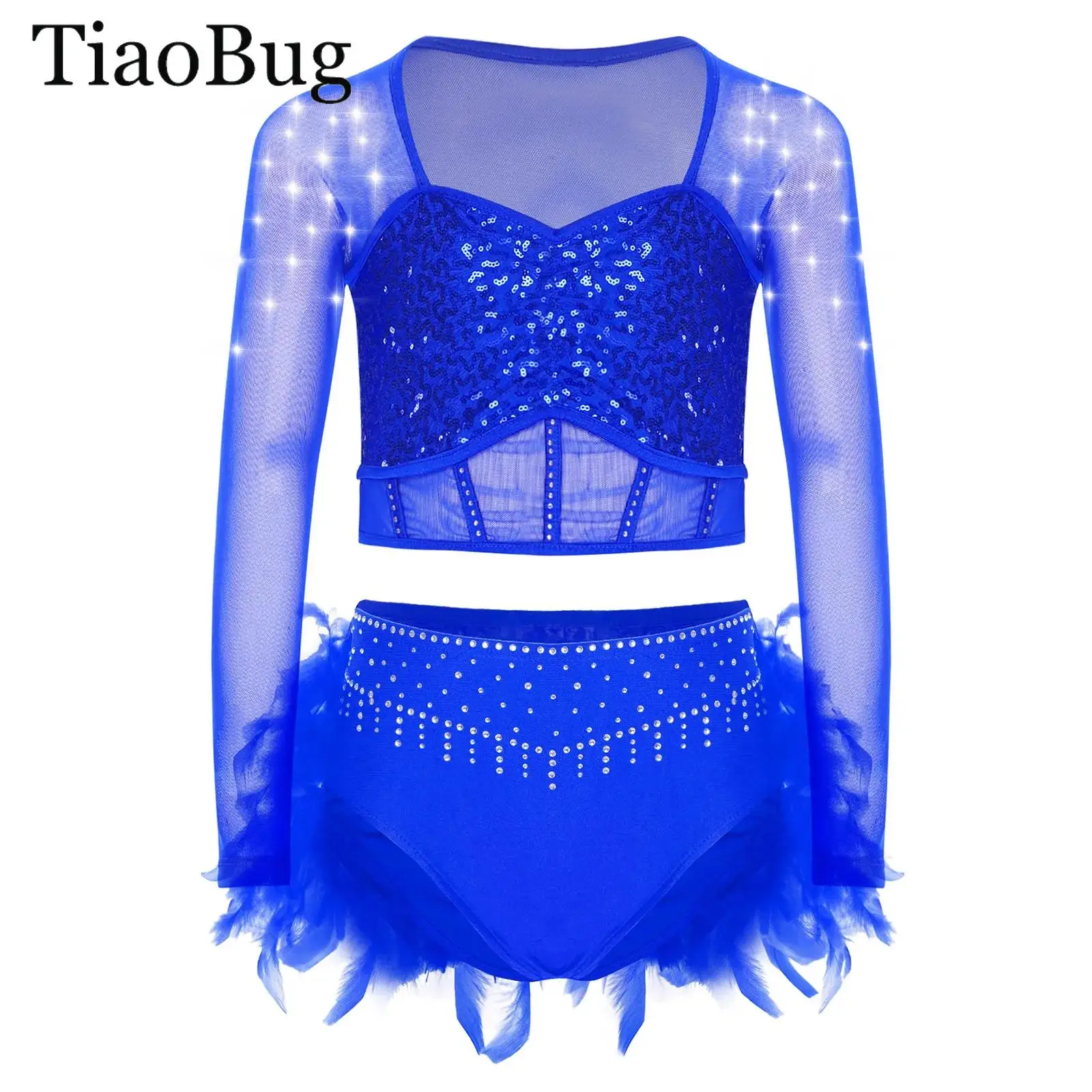 ชุดเต้นรำลีริคอลสำหรับเด็กผู้หญิง แขนยาว ประดับเลื่อมและคริสตัล ผ้าตาข่ายซีทรู เสื้อครอปท็อป พร้อมกระโปรงขนนก สำหรับยิมนาสติก ซัลซ่า ลาตินแดนซ์