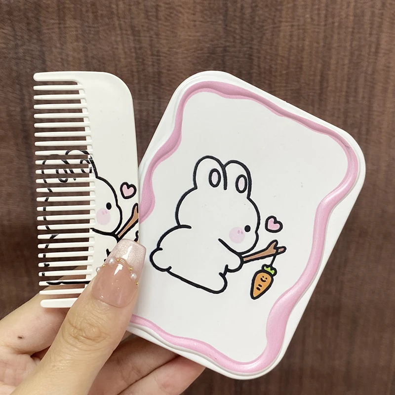 Cartoon Cute Rabbit Folding Clamshell Mirror Makeup Mirror With Comb Portable Creative For Women Girls Handheld Mirror