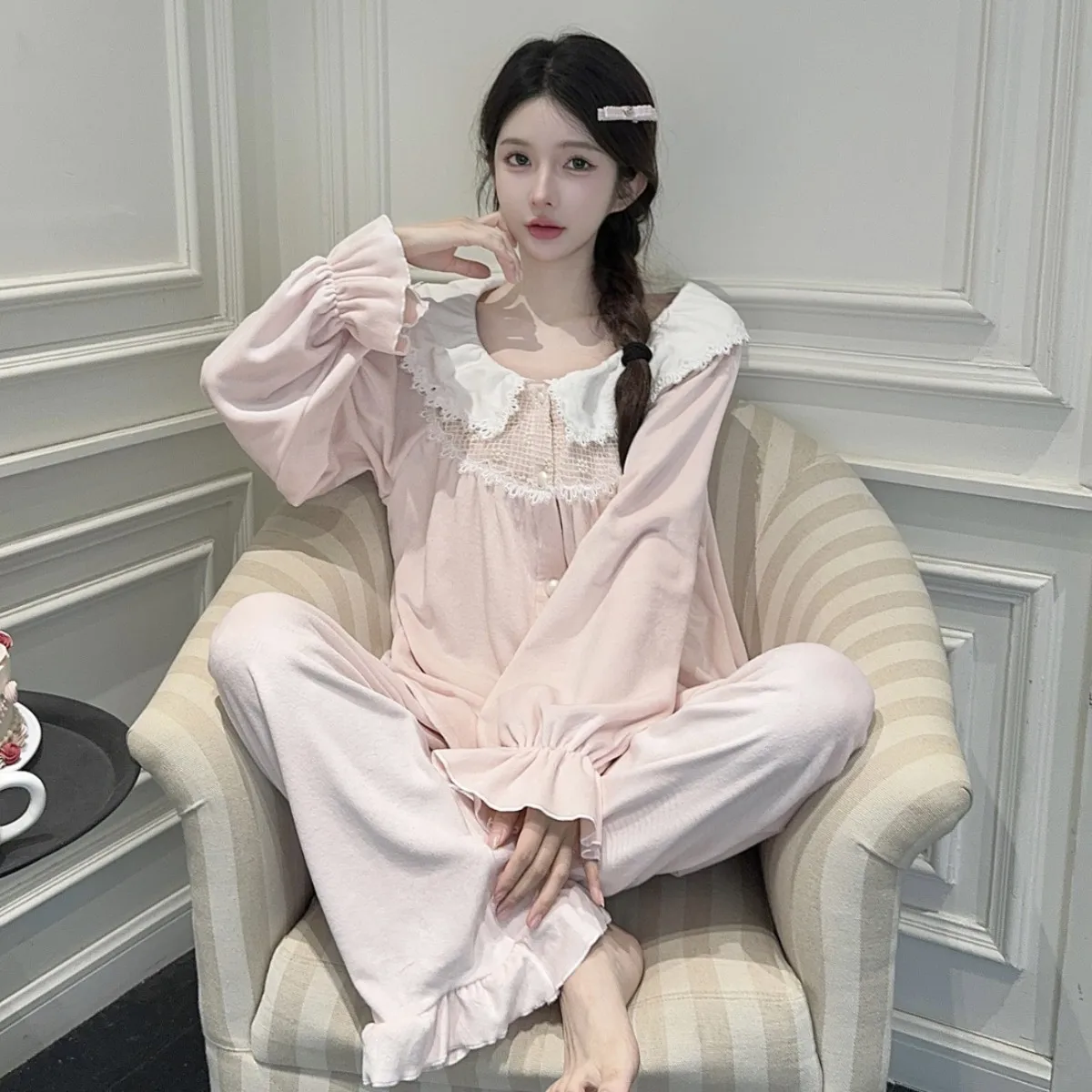 

2 Piece Sets Autumn Women Solid Warm Thicken Velvet Cute Doll Collar Shirt Pants Women Casual Pajama Sets