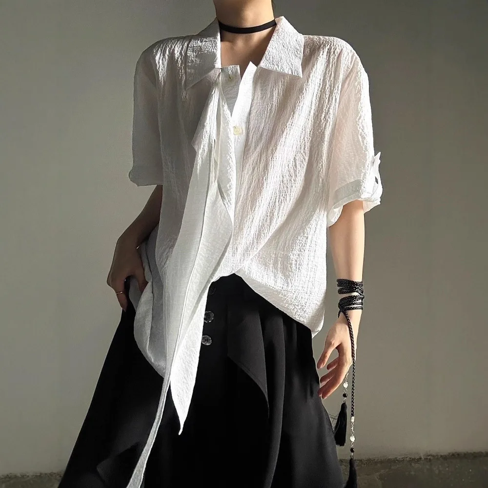 Gothic Style Ribbon Short Sleeve Shirt American Summer Casual Fashion Retro Solid Color Dark Style Male Splicing T-shirt