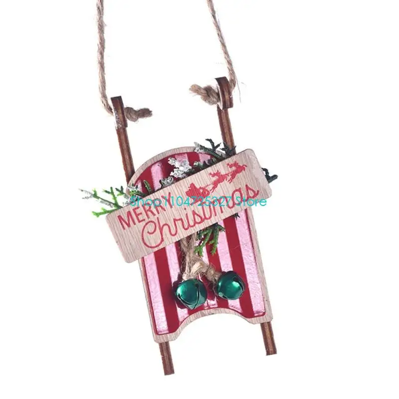 D8KF Festival Wooden Sled Holiday Decoration Handcrafted Seasonal Hanging Ornament Safe