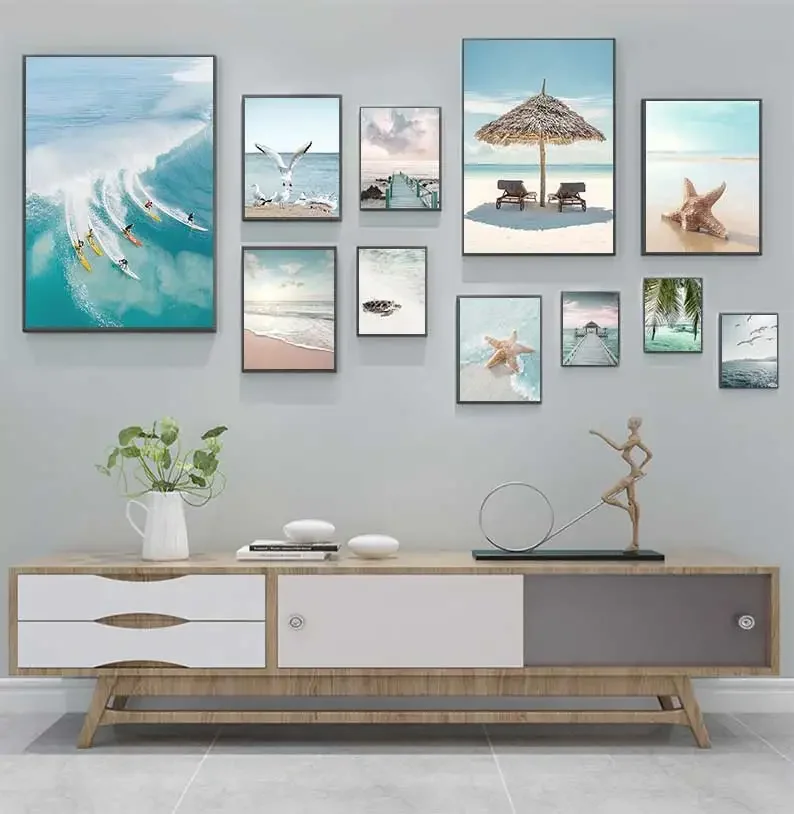 Póster Artístico de pared en lienzo para playa, mar, océano, puente, hojas, tortuga, gaviota, pintura impresa, imagen de verano vibrante, decoración nórdica para el hogar