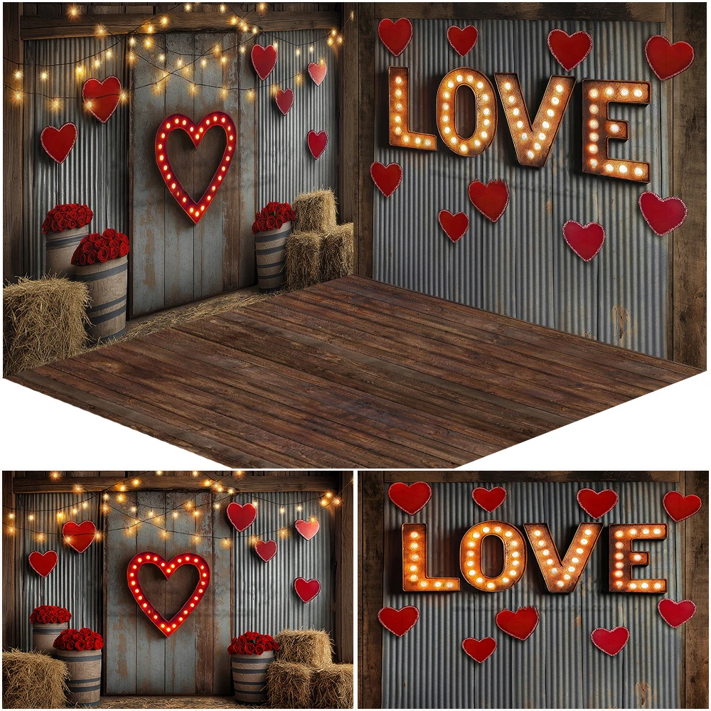 Valentine's Day Photography Backdrop Vintage Love Heart Flowers Neon Decor Background Kids Adult Portrait Photo Studio Props