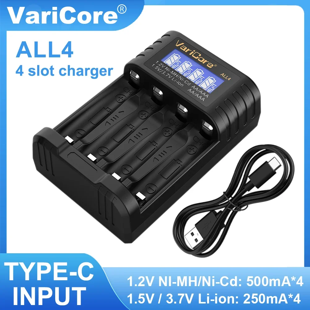 VariCore ALL4 LCD スマートバッテリー充電器 1.2v Ni-MH ni-cd AA AAA 1.5v リチウム電池 3.7v 14500 充電セル 4 スロット用