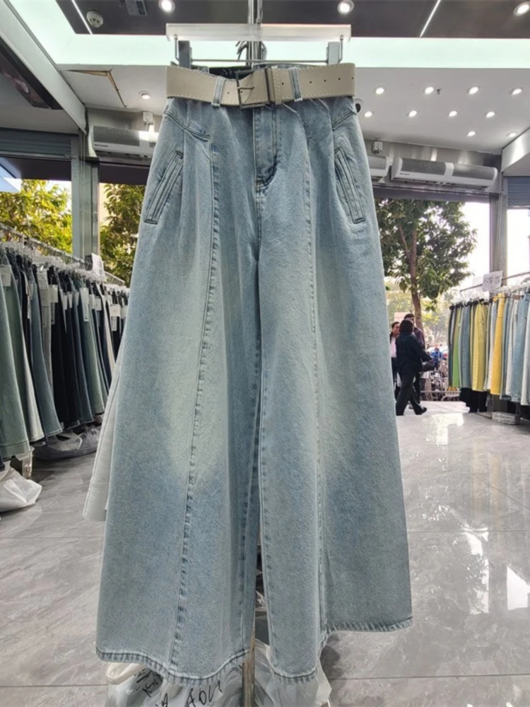 

Широкие брюки из стираного хлопка в стиле ретро, весна 2024, новый стиль, женские уличные модные однотонные свободные и утягивающие джинсы с поясом