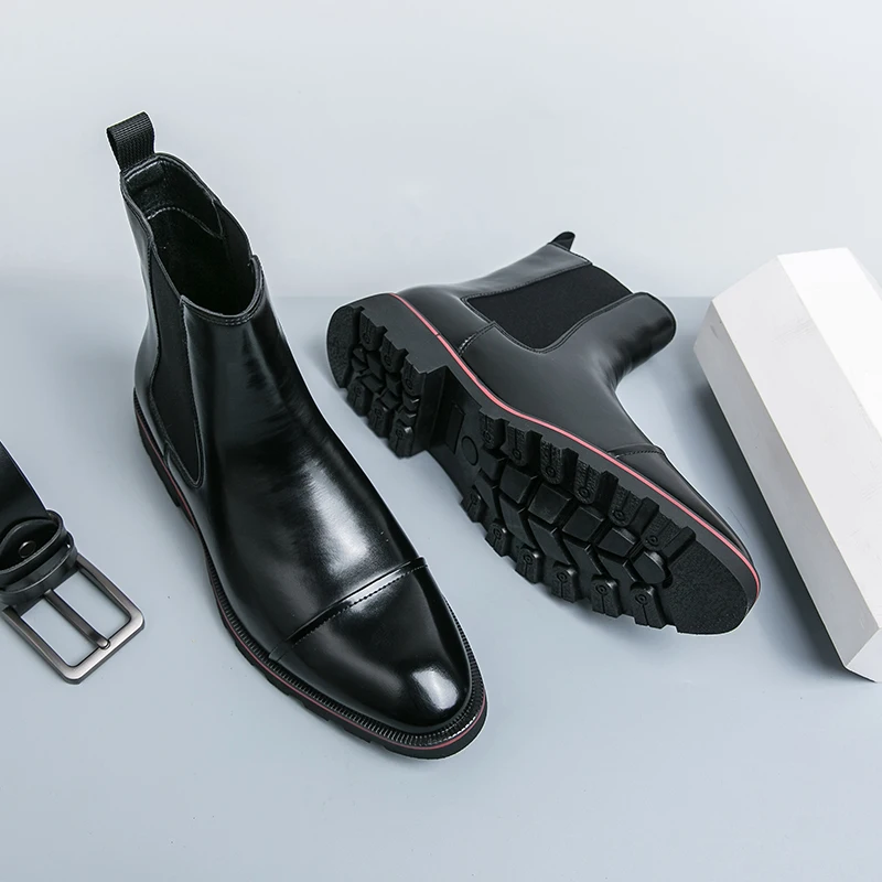 Autumn/Winter Black/Coffee Genuine Leather Pointed Toe High-top Bullock Oxford Dress Shoes For Men Ankle Business Chelsea Boots