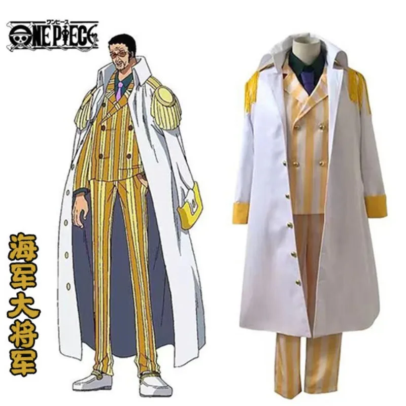 

Hot Anime One Piece Admiral Borsalino Cosplay Costume women men Halloween Carnival Uniform tops Pants hat Full Set Dress Up gift