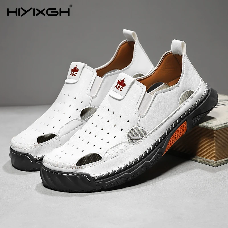 Men's Vintage Loafers Retro Leather Slip On Shoes Comfortable Summer Outdoor Sandals Moccasin Style Casual Male Footwear