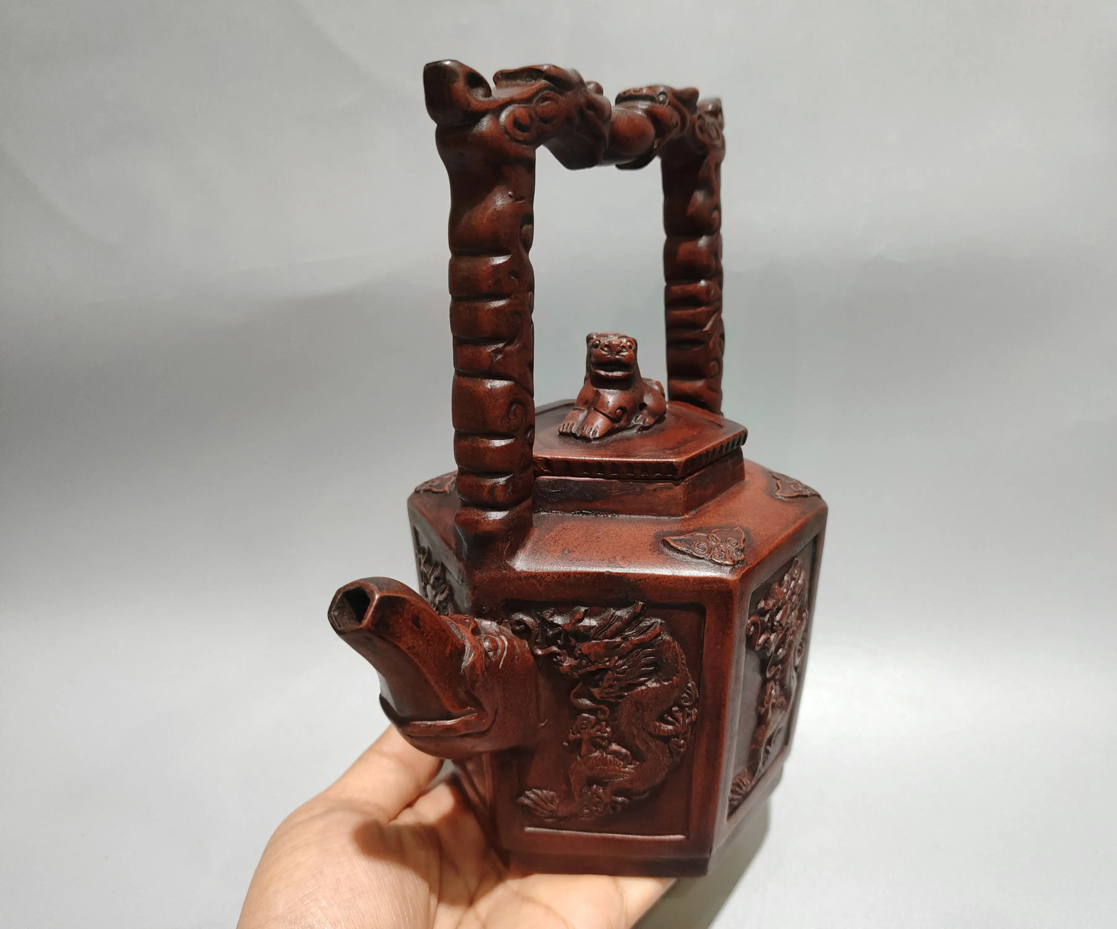 Unique Old Chinese YiXing Handcraft puyple Clay Teapot,Six-sided Nine-Dragon Lifting Pot, with mark, Free shipping