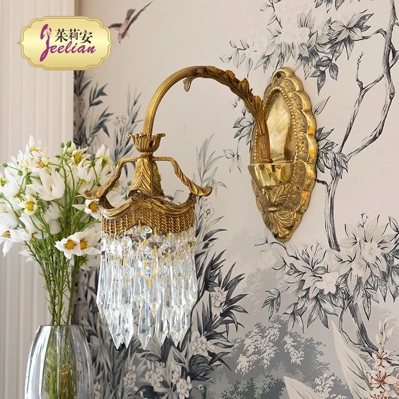 Julian French Versatile Vintage All Copper Carved Crystal Tassel Villa Wall Light Living Room Corridor Decorative Light