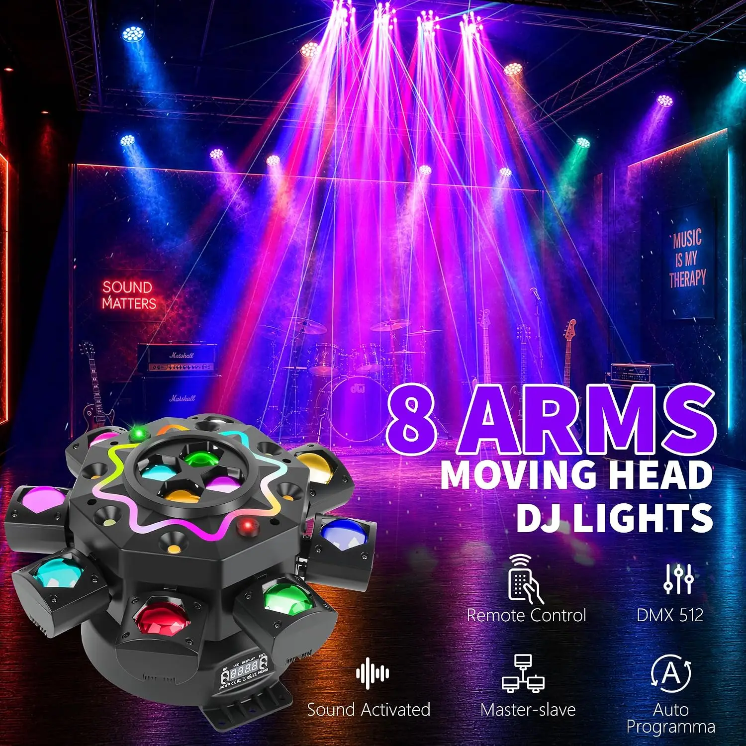 200W Disco Party Lights 8 Arm Moving Head DJ Lights RGBW LED DMX512 Sound Activated Beam Stage Light for Events Wedding Club view 2