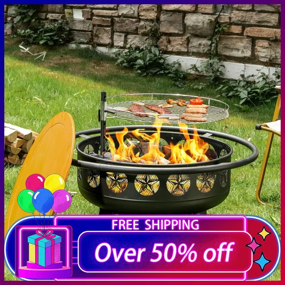 

3-in-1 Fire Pit with Swivel Cooking Grate, 32 Inch Wooding Burning Fire Pit, Outdoor Fire Pit with Metal Lid for Patio Backyard