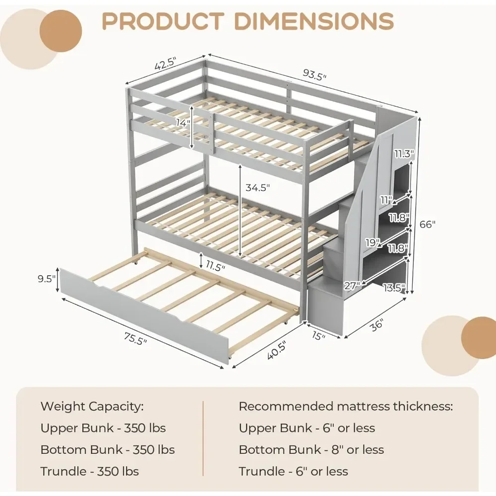 Bunk Bed, with Trundle and Stairs, with Storage Shelf, Bunks Beds Detachable Into 2 Platform Beds, Solid Wood Bunk Bed Frame