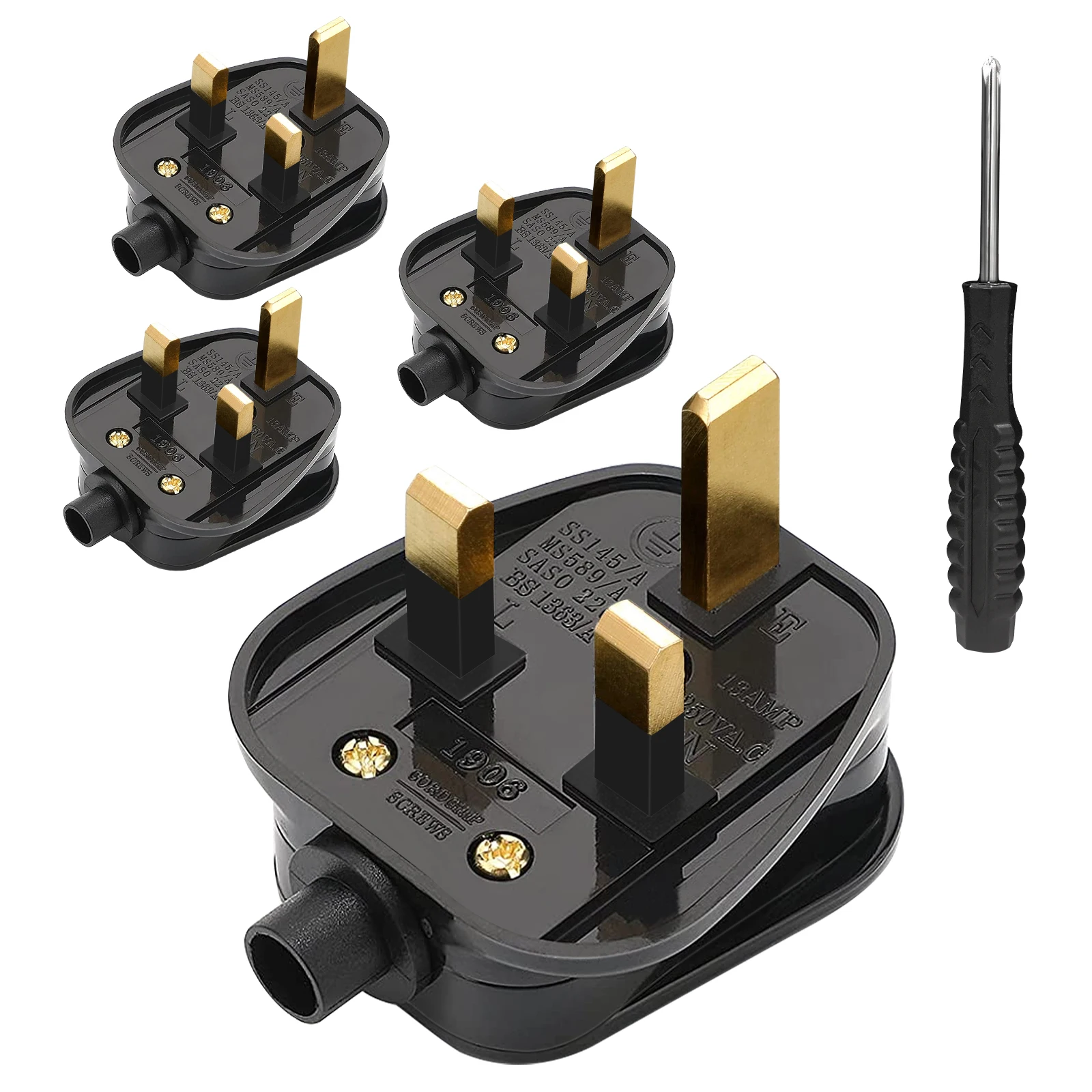 

UK Male Replacement Rewireable 3 Pin Type G Plug Extension Cord Cable Connector Assembly Power Cord Adapter Socket 13A 4pcs