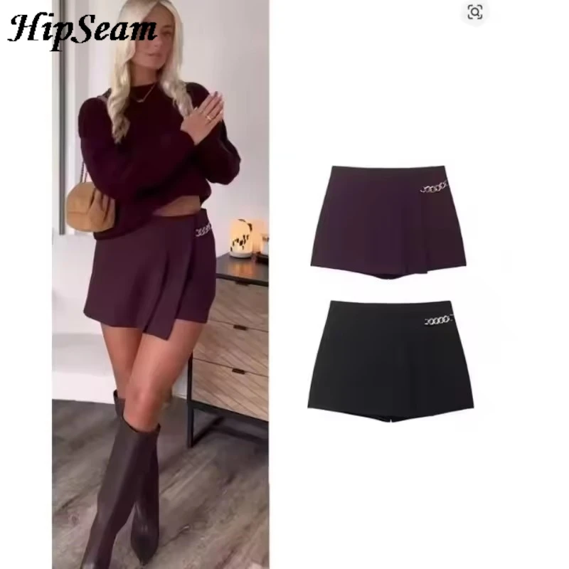 여성 플리츠 스커트 캐주얼 봄 여름 심플 플리츠 하이웨이스트 여성 체인 버뮤다 쇼츠 사이드 지퍼 여성 시크 쇼츠