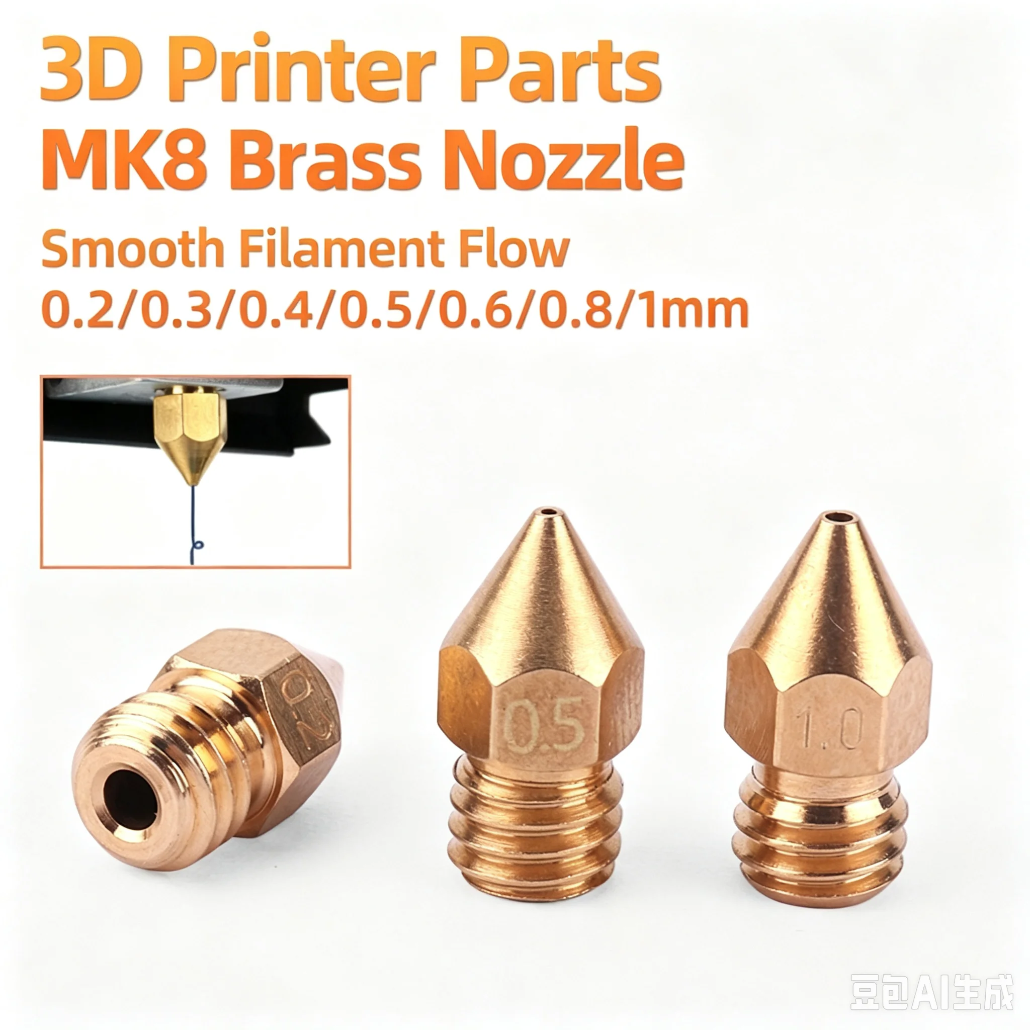 3D Printer Parts, MK8 Pointed Brass Nozzle, Engraved Surface Brass Print Nozzle, 0.2-1mm
