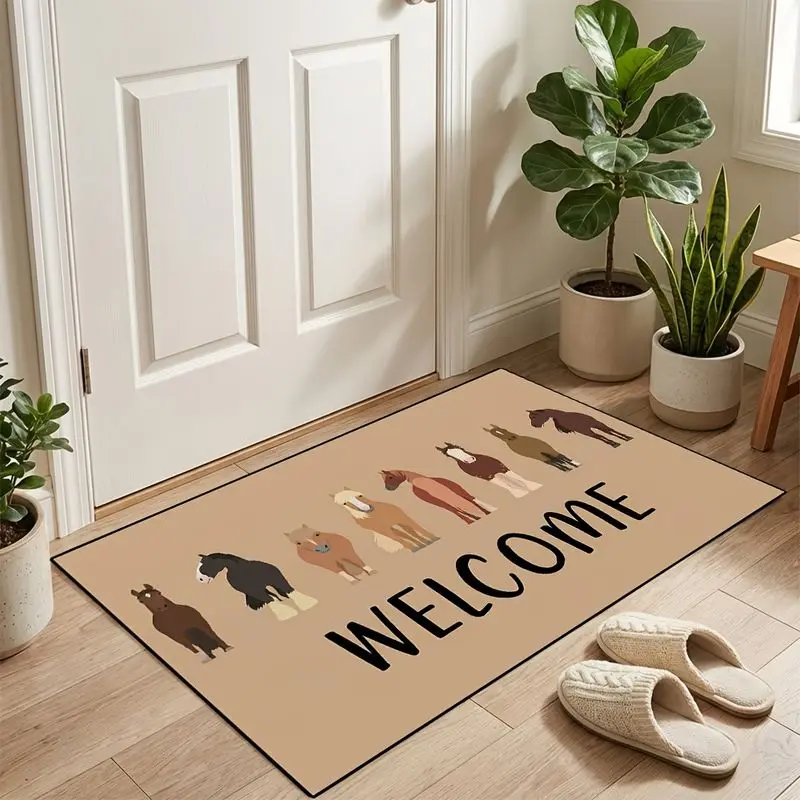 VIKAMA Beige Farm Animal Horse Butt Row Funny Welcome Mat Grip Backed Entryway Carpet Salutations Floor Padding Space Decor Soft