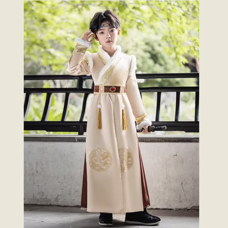 

Chinese Hanfu Boys' Winter Embroidered Tang Costume with Velvet and Ancient Style Embroidery