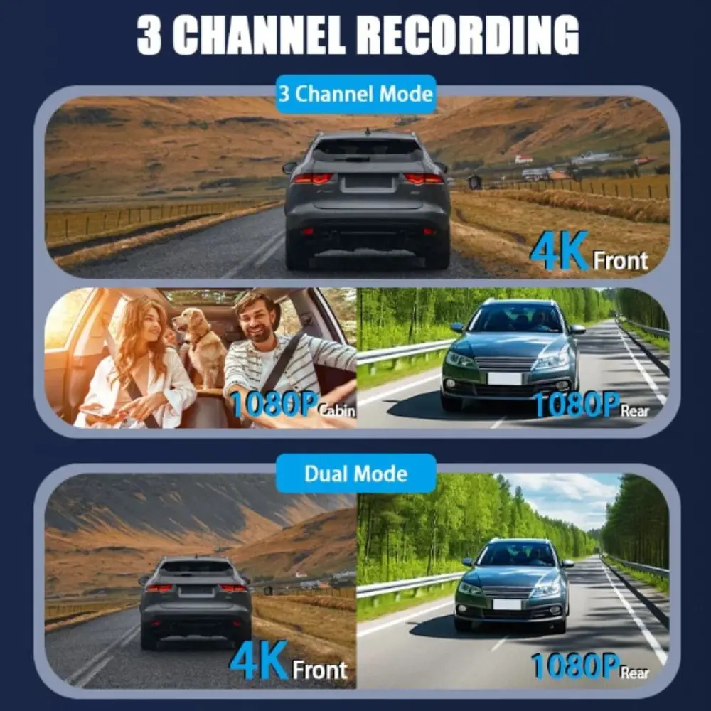 4K Ultra HD Dash Cam Starlight Night Vision Loop Video Car Recording WDR Dynamic Adjustment Three Way Driving Recorder Car Use