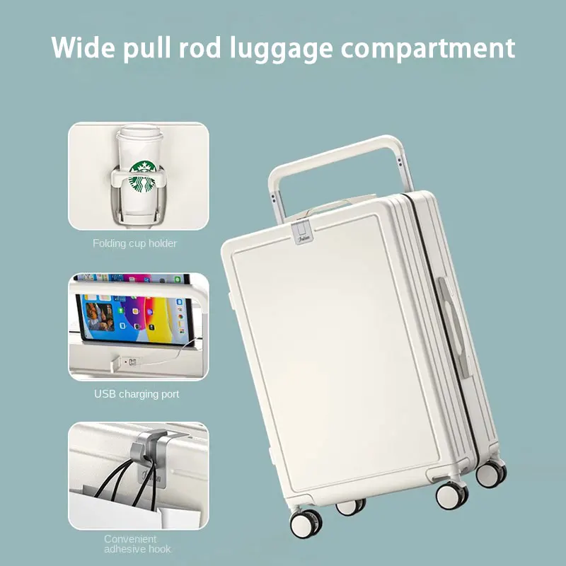 Ampla Handle Mala de Viagem Bagagem com USB Cup Holder Rodas Tronco Saco Senha Trolley Caso mala Cabin Travel Bag Malas