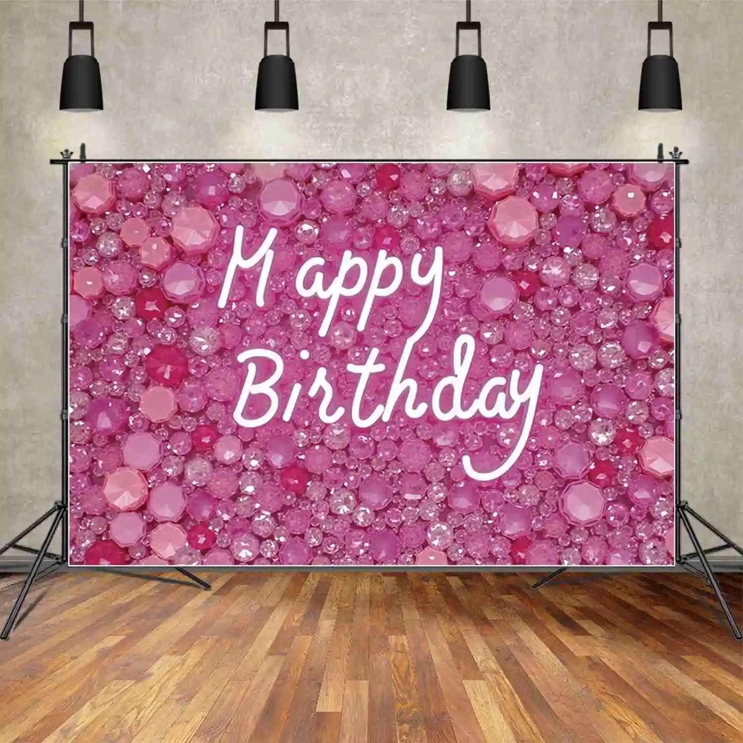 MOON.QG Pink Flowers Decor Shimmer Diamond Wall happy birthday backdrop for women Girl Party Decoration Banner Poster Background