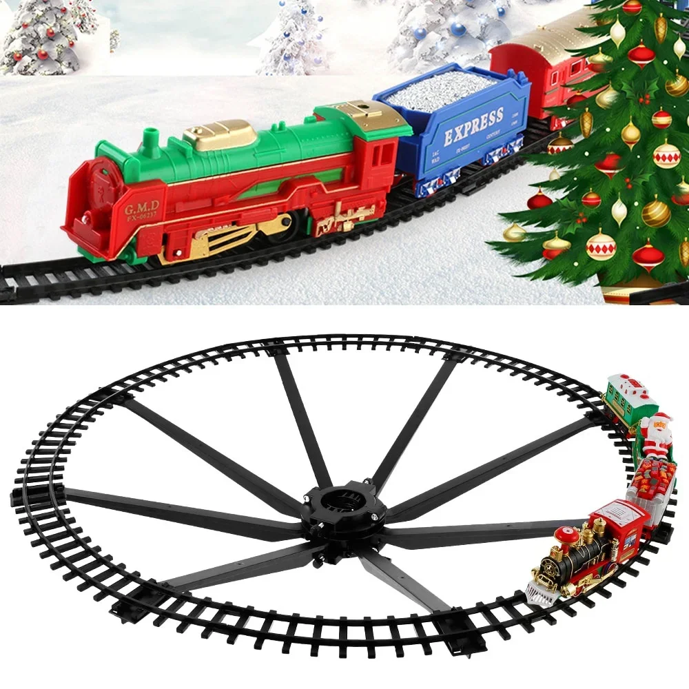 Tren de Navidad eléctrico de juguete, decoración de árbol de Navidad, marco de pista de tren, coche de ferrocarril con sonido y riel ligero, regalos