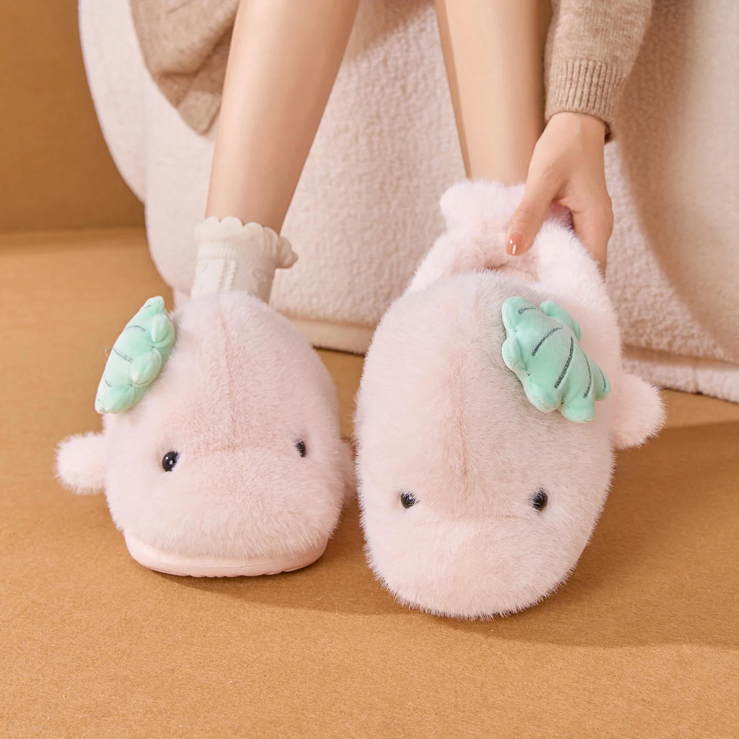 ZUOFU Dolphin Cartoon Plush Slippers For Women Autumn Winter Cute Non-Slip EVA Sole Indoor Bedroom Warm Home Cotton Slippers
