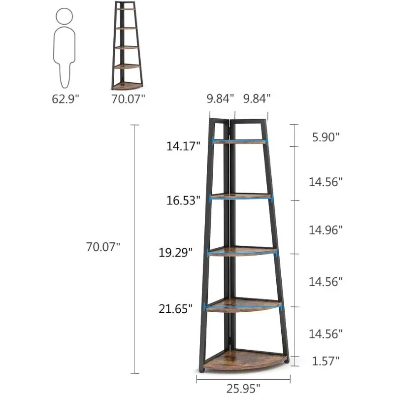 70 inch Tall Corner Shelf, 5 Tier Rustic Corner Bookshelf Bookcase Industrial Corner Ladder Shelf Plant Stand   (Brown)