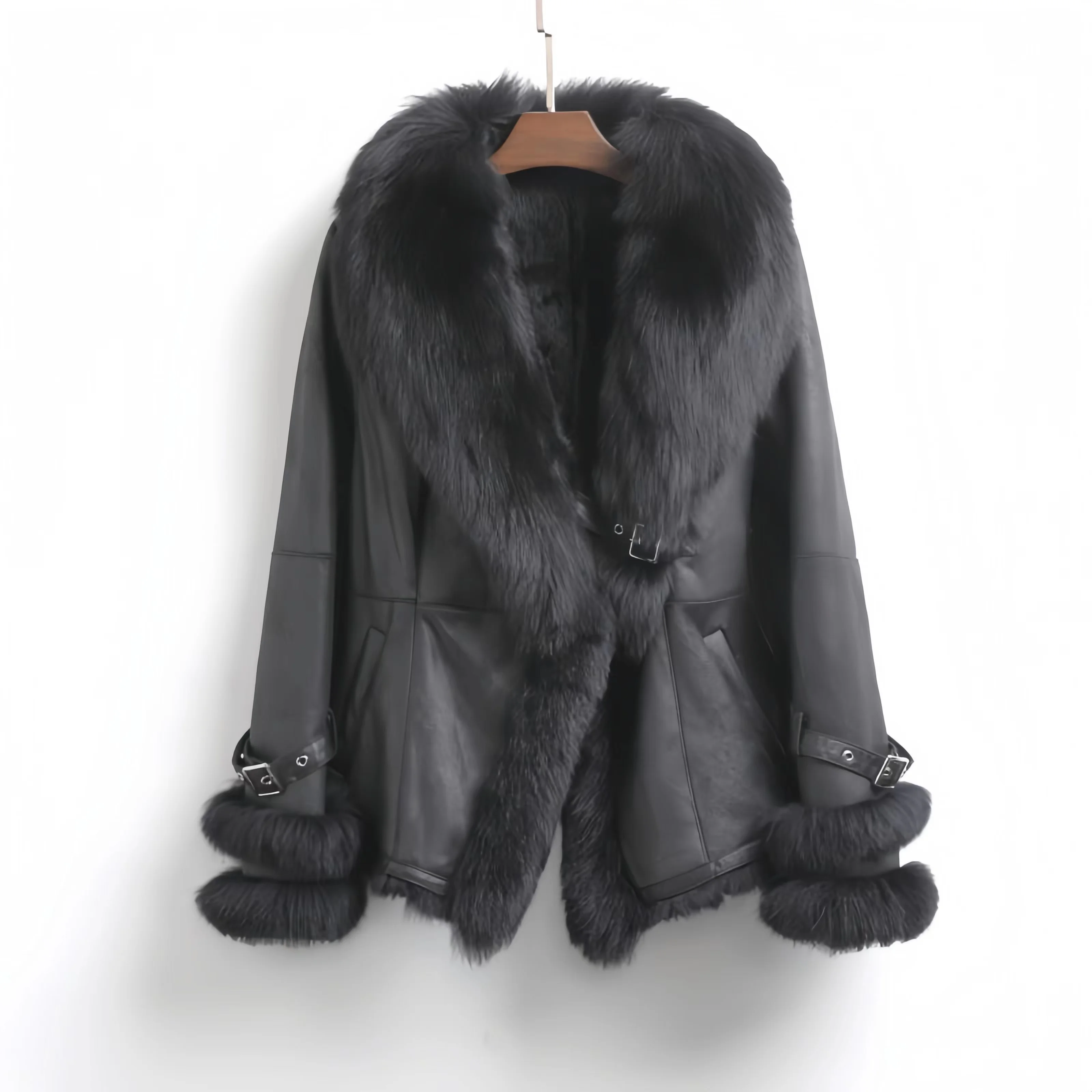 Manteau en fourrure de lapin en cuir véritable pour femmes, pardessus à col en fourrure de renard, vêtements féminins, style anglais, haute qualité, hiver, 2023