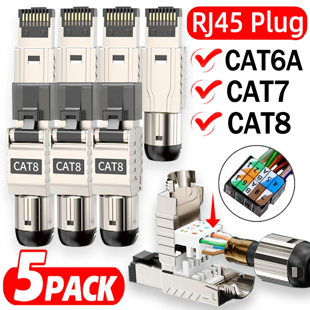 Tool-Free Cat8 Cat7 Cat6A RJ45 Connector Toolless Shielded Reusable Termination Plugs RJ45 Shielded Ethernet for Ethernet Cable