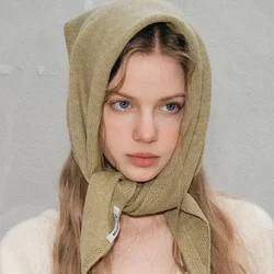 Korean Wool Triangle Scarfs Women Kawayi Hijab Knitted Scarf with Labels Winter Striped Knitted Triangle Scarf Compact Cute Warm