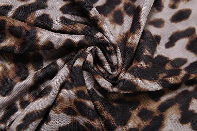 Set da 2 pezzi con stampa leopardata da donna con nodo sexy scava fuori tute senza spalline top + maxi gonne aderenti in rete trasparente abiti da festa per club