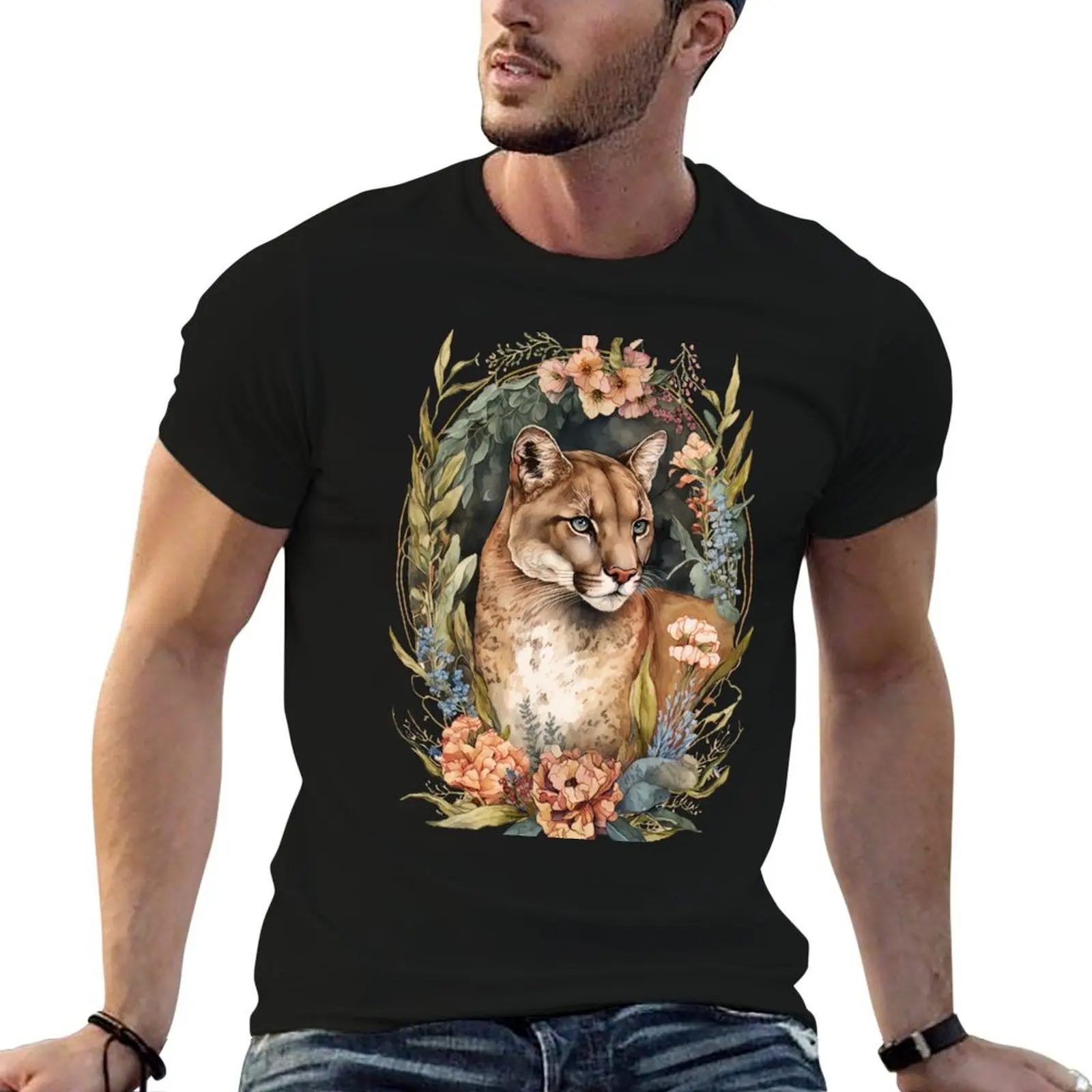 Floral Cougar T-Shirt Breathable Mesh Panel T-Shirt