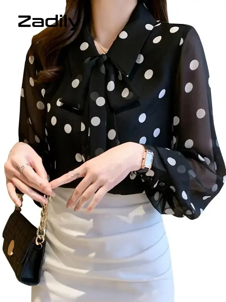 Zadily Dot Puff Long Sleeve Bow Chiffon Women Shirt Office Lady Bow Neck Button Transparent Shirts Casual Female Clothing Blouse