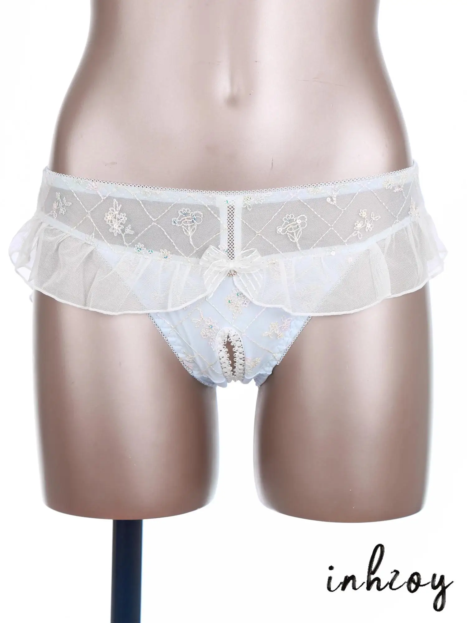 

Womens Girly Sexy Lace Opening Crotch Panties Ruched Transparent Floral Embroidery Elastic Briefs for Anniversary Dating Night
