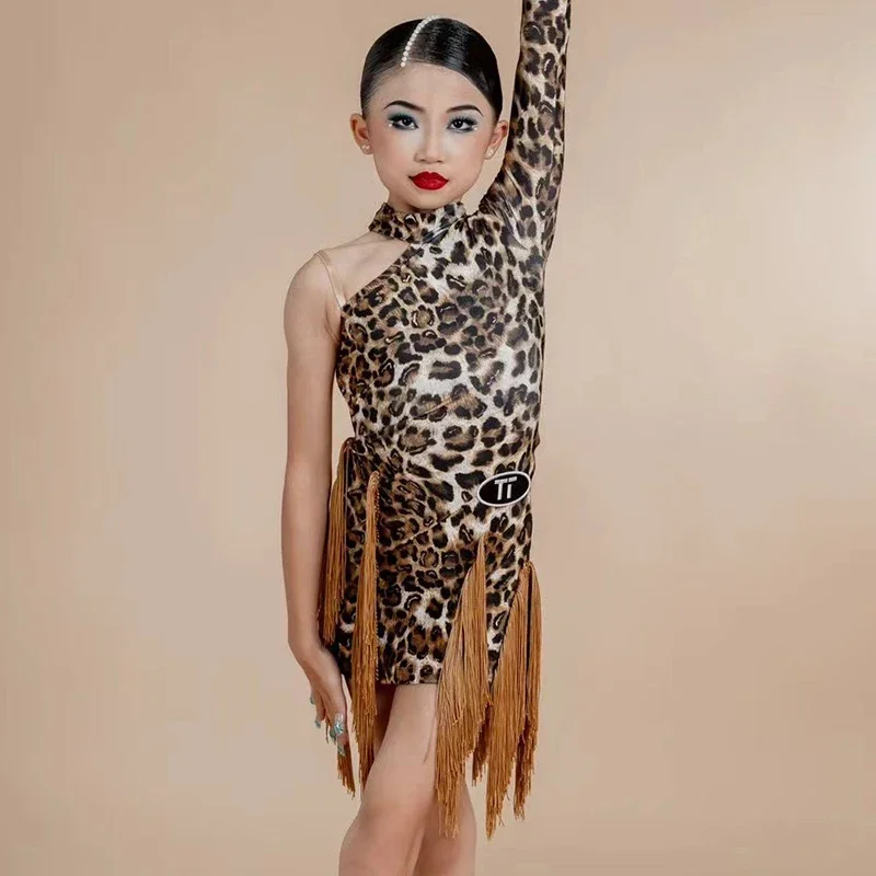 2023 Girls Latin Dance Dress One-Sleeve Frinde Dress Leopard Practice Clothing Cha Cha Rumba Ballroom Dance Costume DNV18894