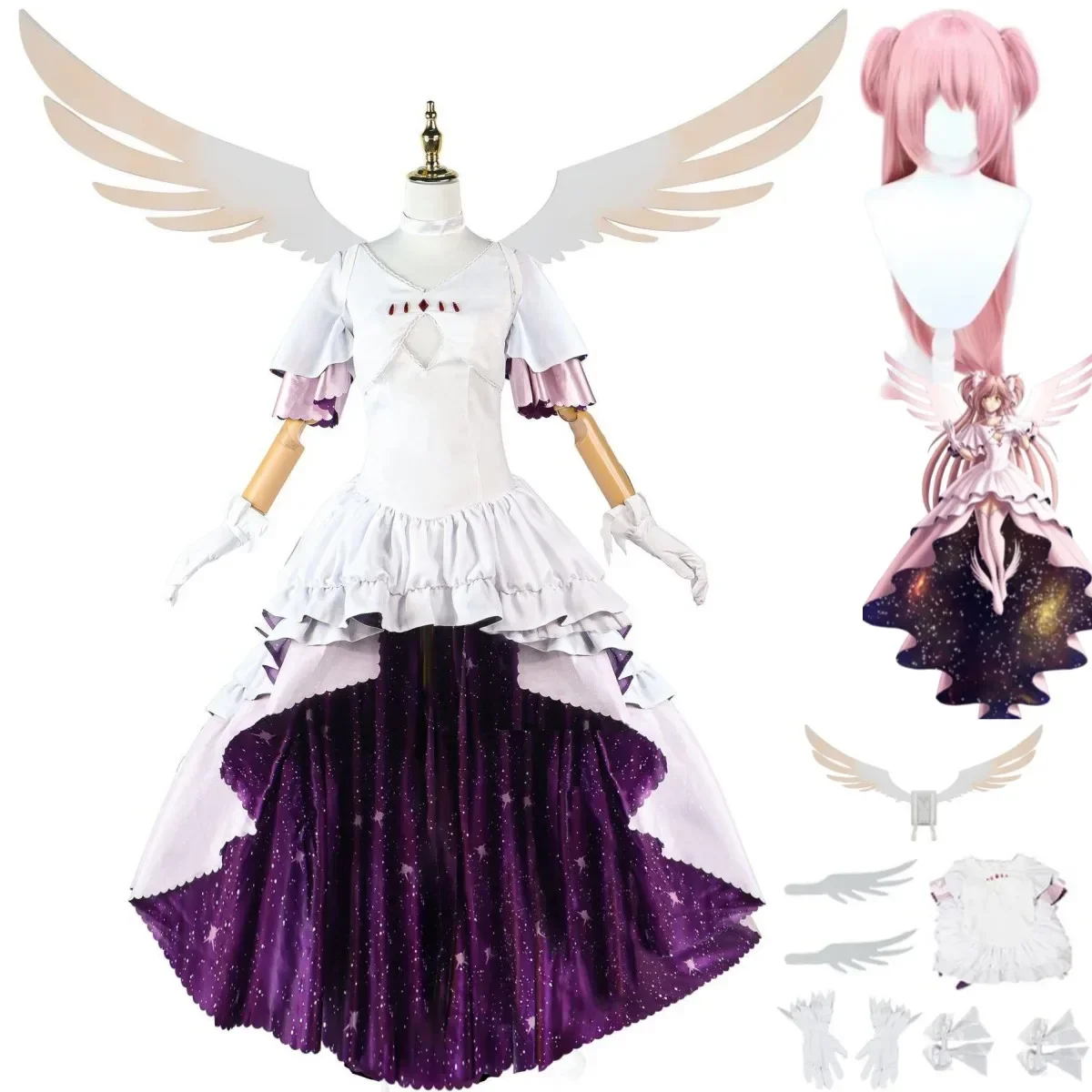 

Anime Puella Magi Madoka Magica Kaname Madoka Cosplay Costume Goddess Skirt Evening Dress Wing Woman Sexy Carnival Suit