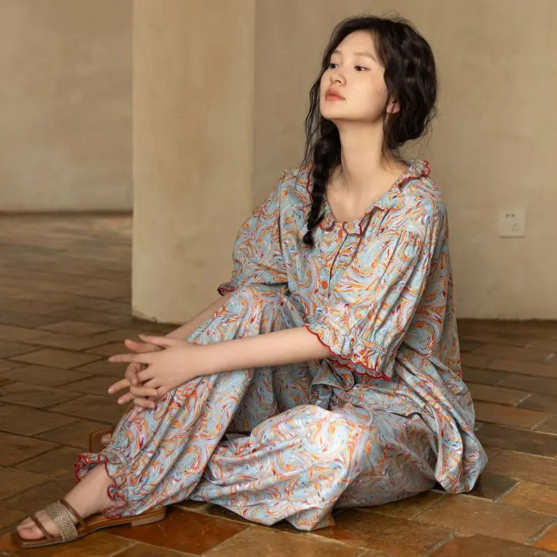 Pajama Pants Set Women's Clothing Homewear Summer New Vintage Outer Wear Comfortable Casual Fashion Breathable Loose Fit Large