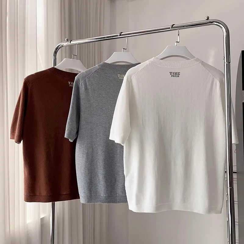 

Женский модный вязаный свитер Ele Simple с круглым вырезом и коротким рукавом, с вышивкой букв, тонкой текстурой, весенний, 3 цвета