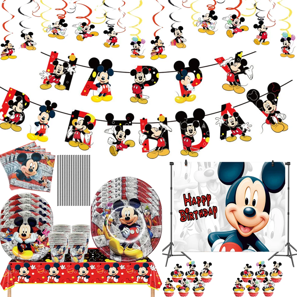 

New Disney Mickey Mouse 1st Birthday party Disposable tableware plate cup napkin for kid boy favor Mickey banner party decor